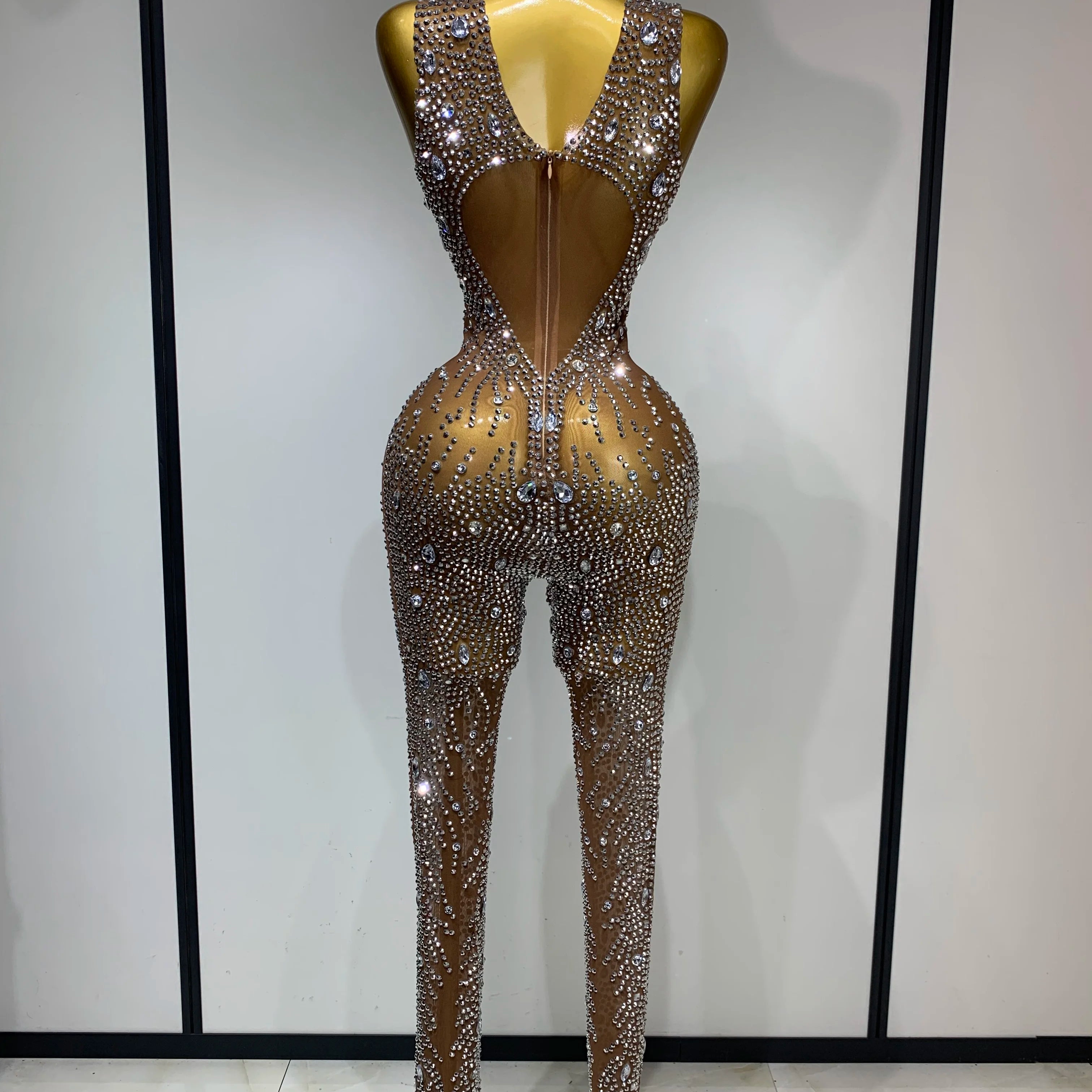 Luxury Rhinestones Jumpsuit Women Sexy Mesh See Through Performance Dance Costume Celebrate Club Birthday Party Stage Outfit