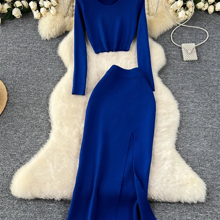 SINGREINY Autumn Sweater Two Pieces Suits Long Sleeves Knit Top+ Elatic Waist Slim Split Long Skirt Sets Women Warm Knitted Suit dark blue One Size