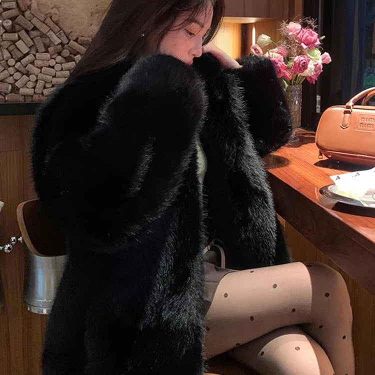 Autumn Winter Black Soft Thick Warm Hairy Shaggy Faux Fox Fur Coat Women Stand Collar Long Sleeve Fluffy Jacket 2023