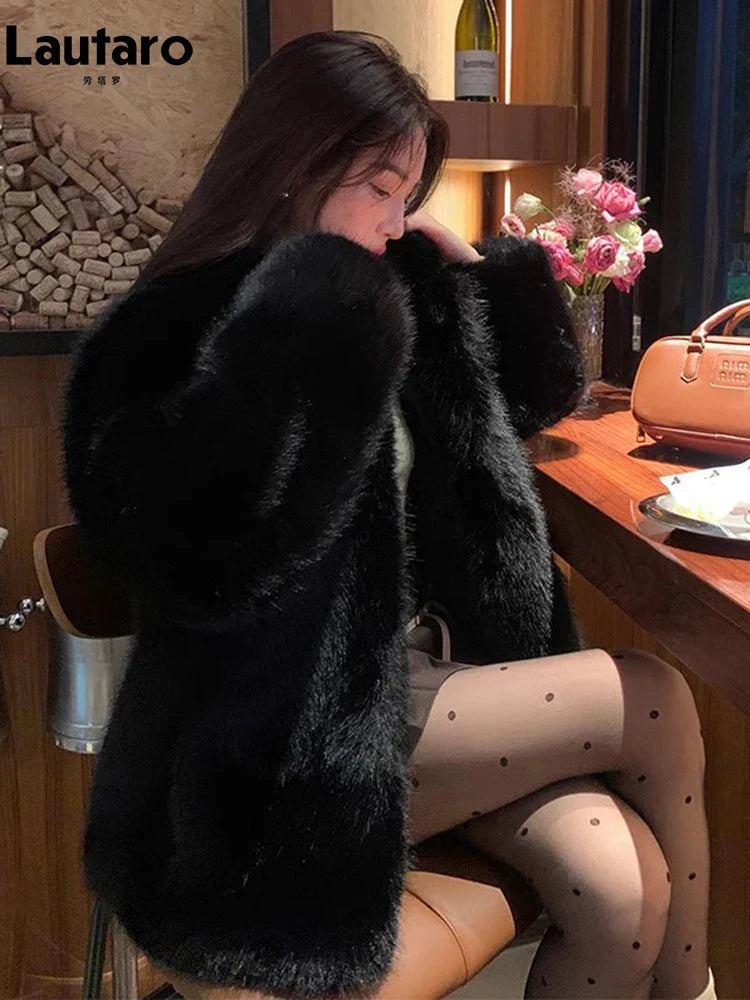 Autumn Winter Black Soft Thick Warm Hairy Shaggy Faux Fox Fur Coat Women Stand Collar Long Sleeve Fluffy Jacket 2023