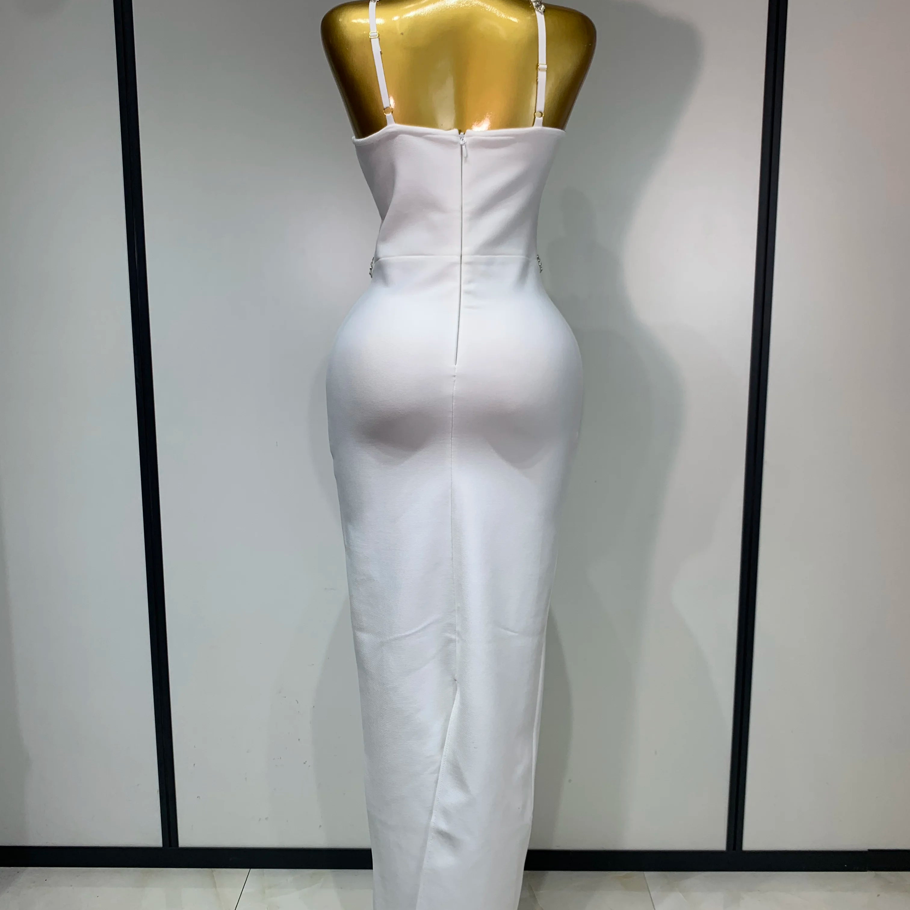 Women Sexy Shining Beading White Maxi Long Bodycon Bandage Dresses Celebrity Birthday Evening Party Elegant Knitted Clothing