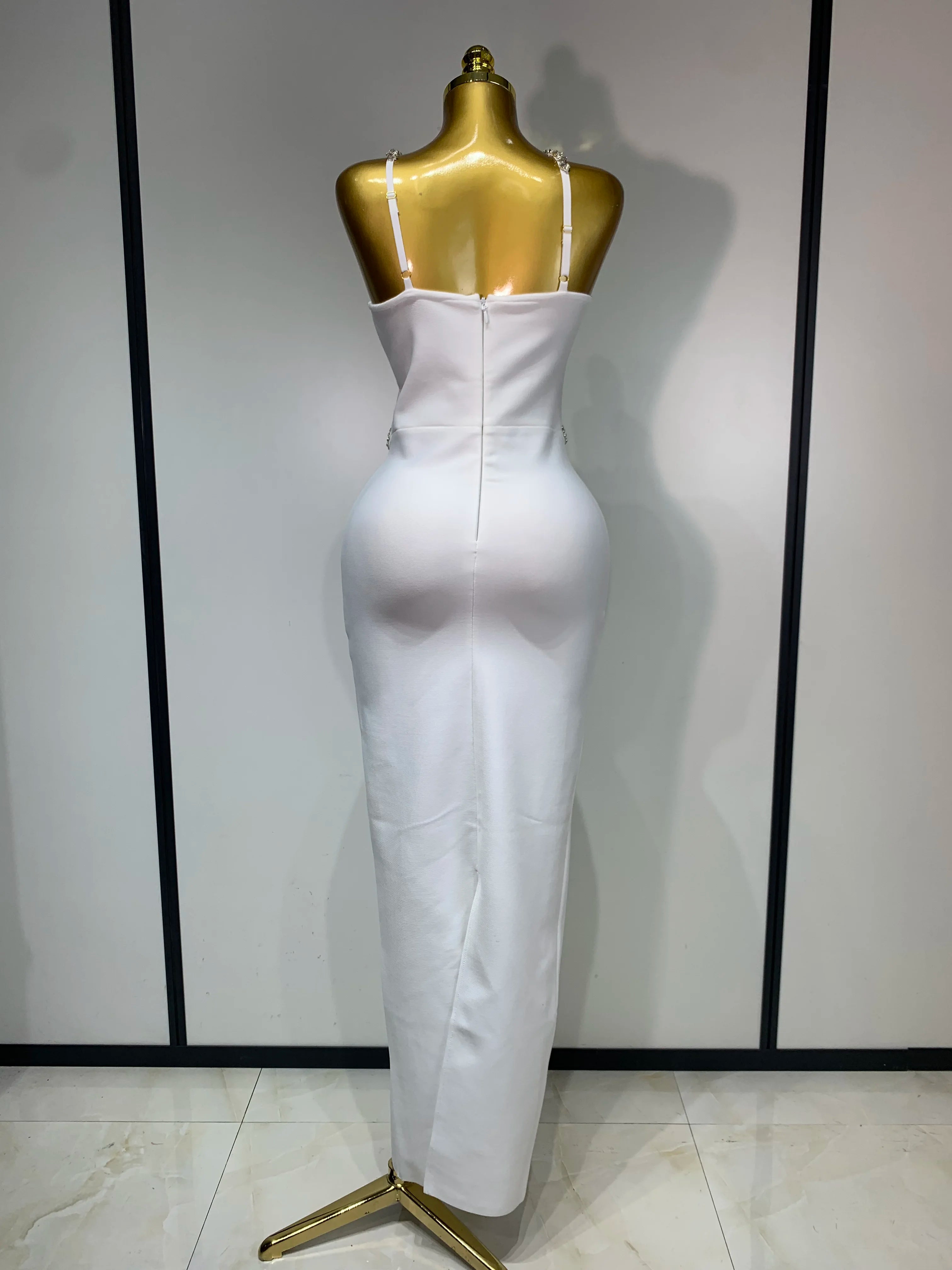 Women Sexy Shining Beading White Maxi Long Bodycon Bandage Dresses Celebrity Birthday Evening Party Elegant Knitted Clothing