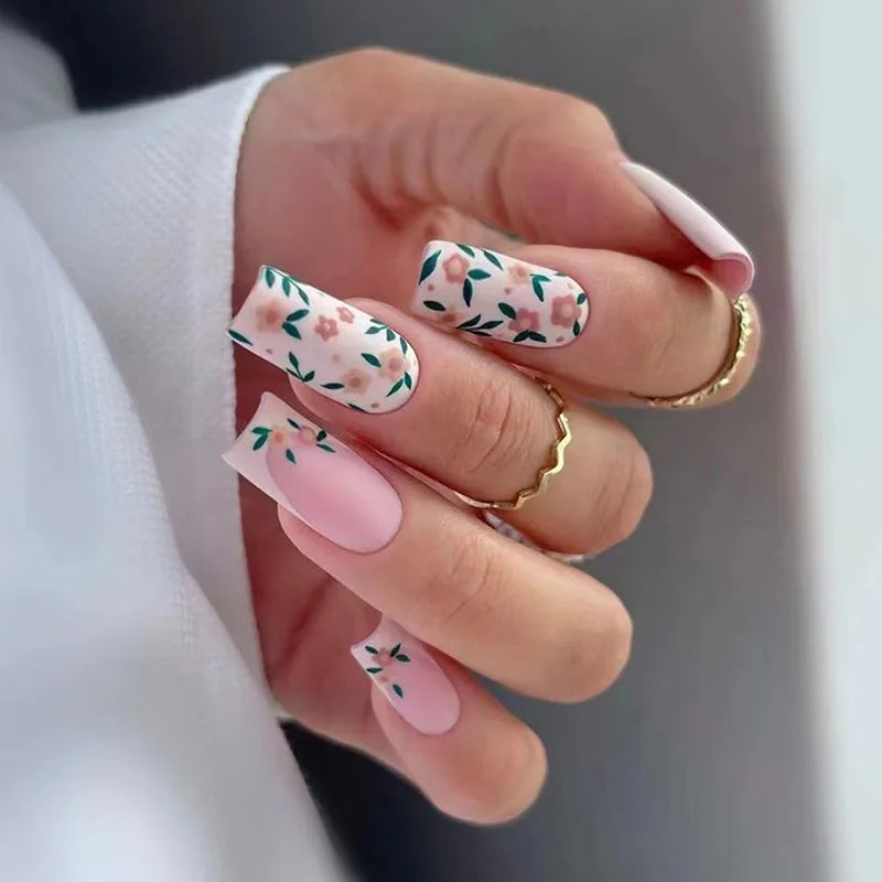 24pcs/set medium long fake nails for Spring summer season beautiful peach flowers butterfly design press on false nail art tips 1130