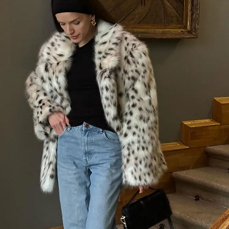 Winter Long Loose Thick Warm Soft Fluffy Leopard Faux Fur Coat Women Long Sleeved Lapel Top Premium Long Coat Festival Overcoats Leopard 01