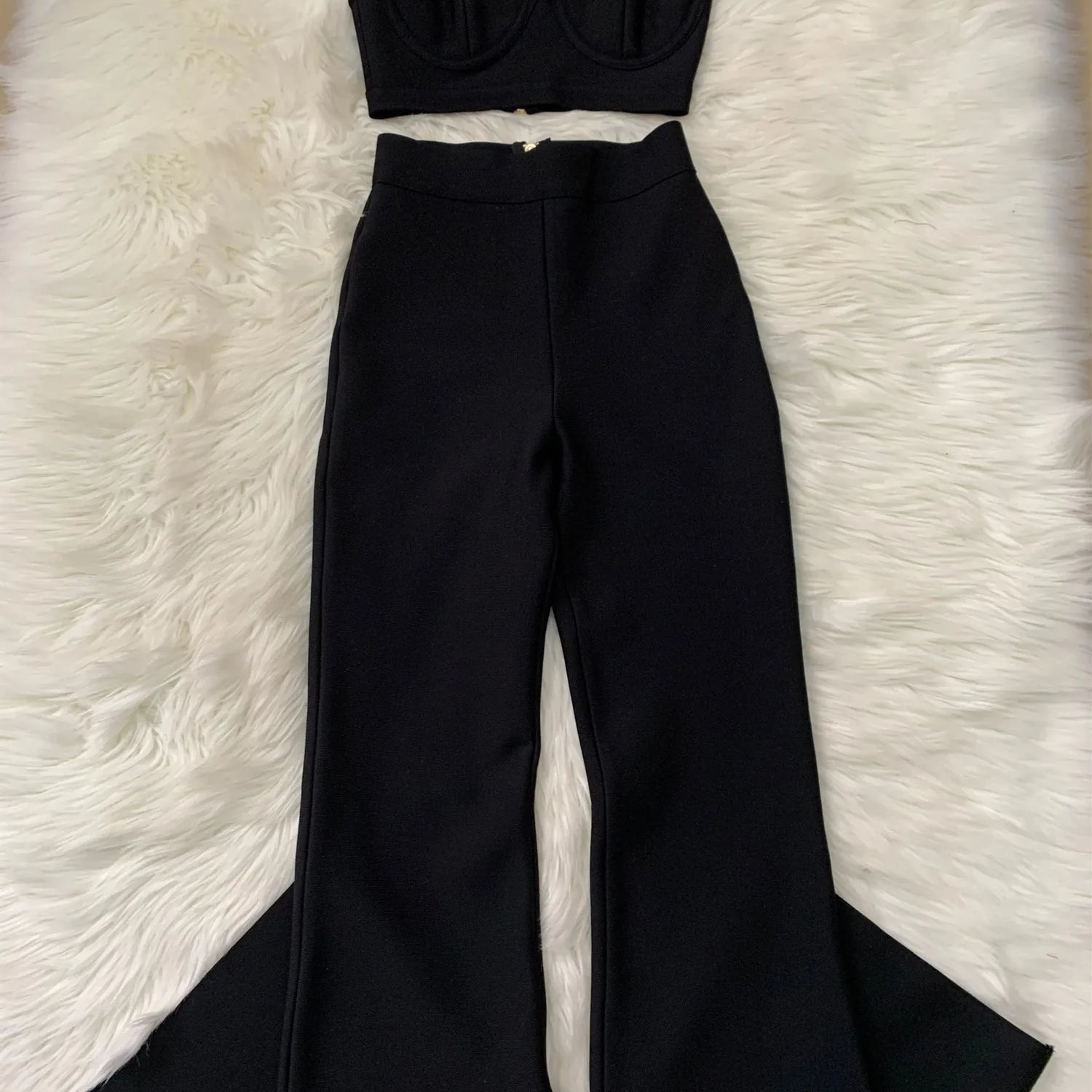 2024 Summer New Fashion Celebrity Sexy Bandage Two-piece Set Tight Short Top & High Waist Flared Trousers Pants Set black