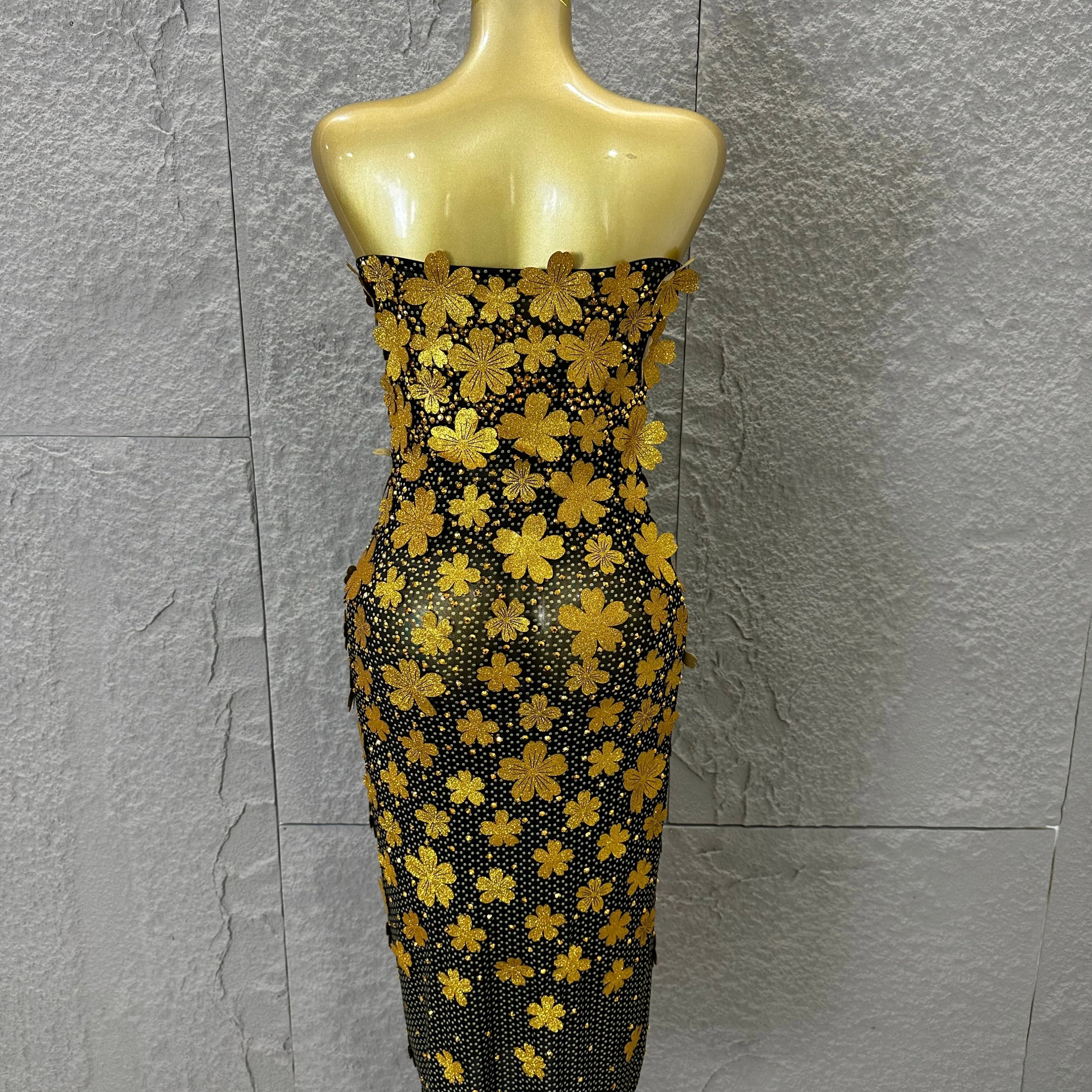 Sparkly Women Sexy Strapless Slim-fit 3D Flower Evening Gala Party Nightclub Cocktail Party Stage Performance Costume
