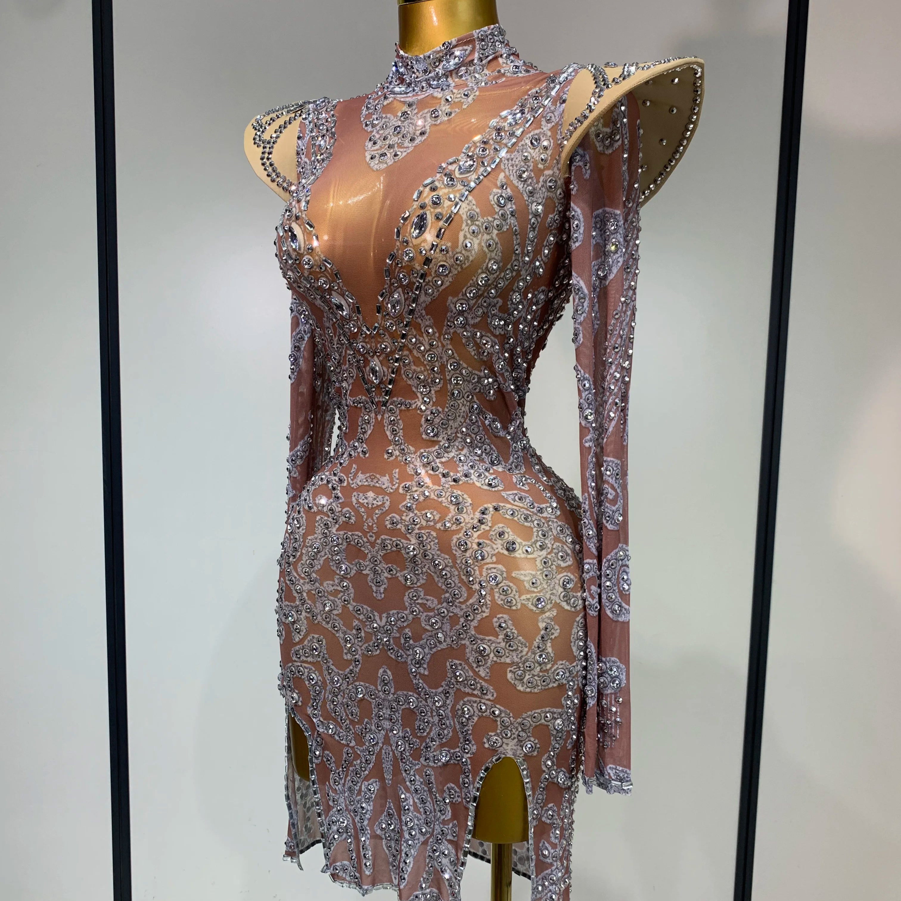 Women Shiny Rhinestones Mesh Transparent Mini Dress Luxury Birthday Celebrate Photoshoot Dress Singer Stage Drag Queen Costume