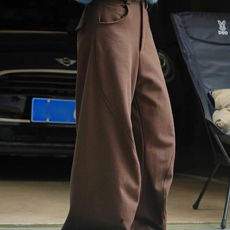 [LANMREM] Vintage Spliced Design Pants For Women High Waist Wideleg Trousers Thicking Warm Clothing Spring New 26D6432 Brown