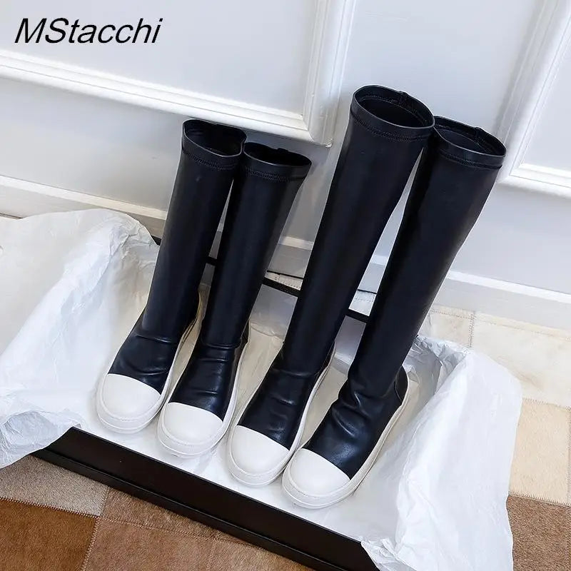 Women Stretch Tight Boots Flat Thick Bottom Shoes Women's Over-the-knee Boots Casual Black Leather Women's Thigh High Boots 2024