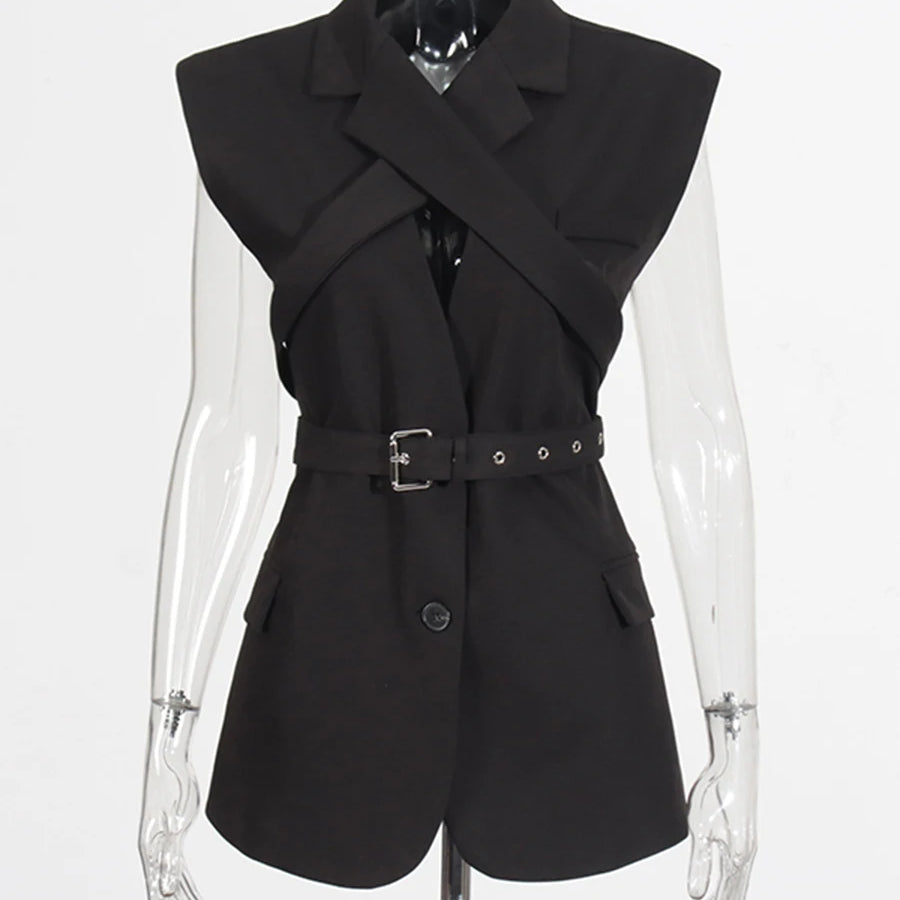 Solid Slimming Spliced Single Breasted Coat for Women Lapel Long Sleeves Patchwork Lace Up Top Female Clothing New BLACK