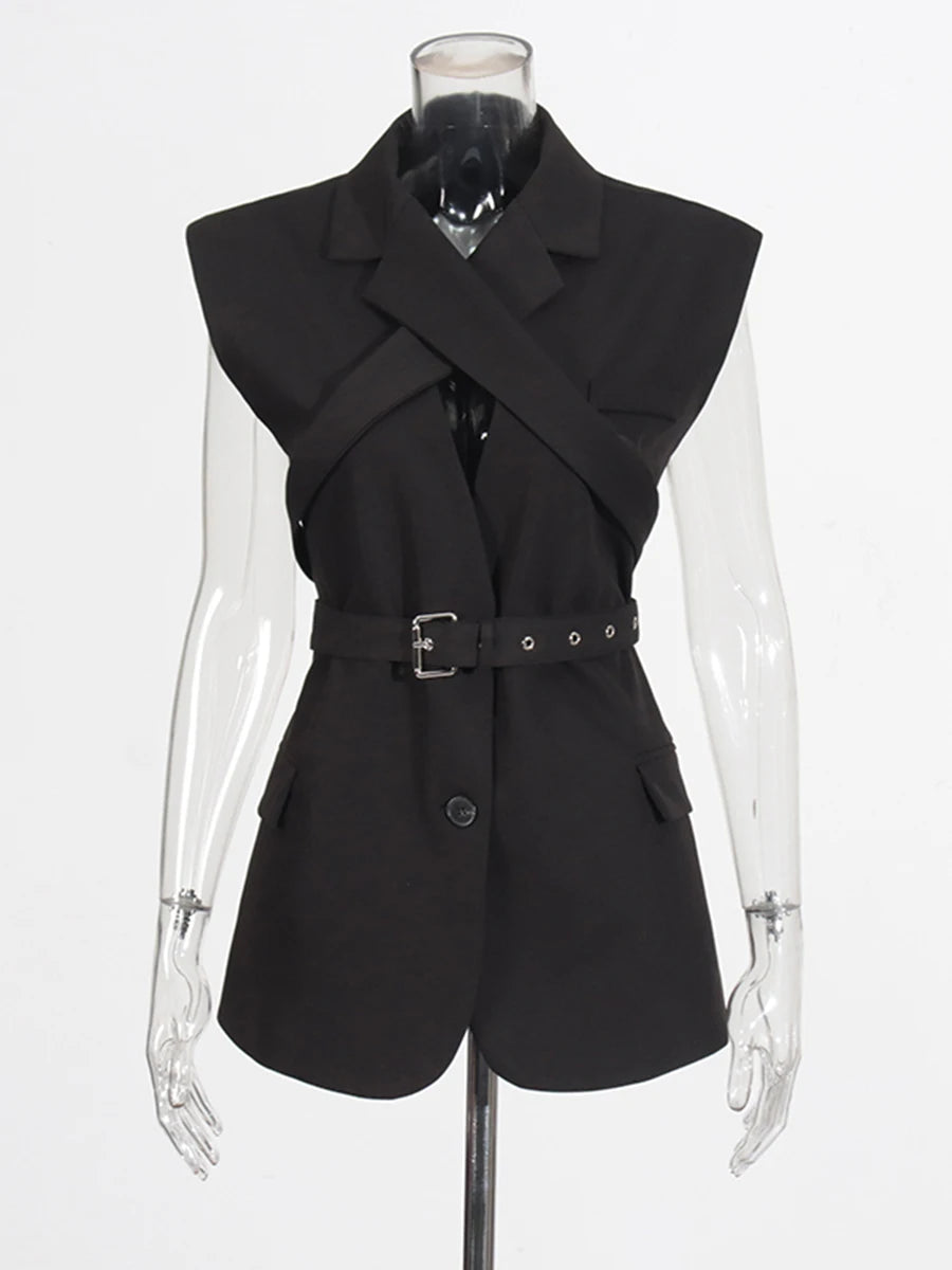 Solid Slimming Spliced Single Breasted Coat for Women Lapel Long Sleeves Patchwork Lace Up Top Female Clothing New BLACK