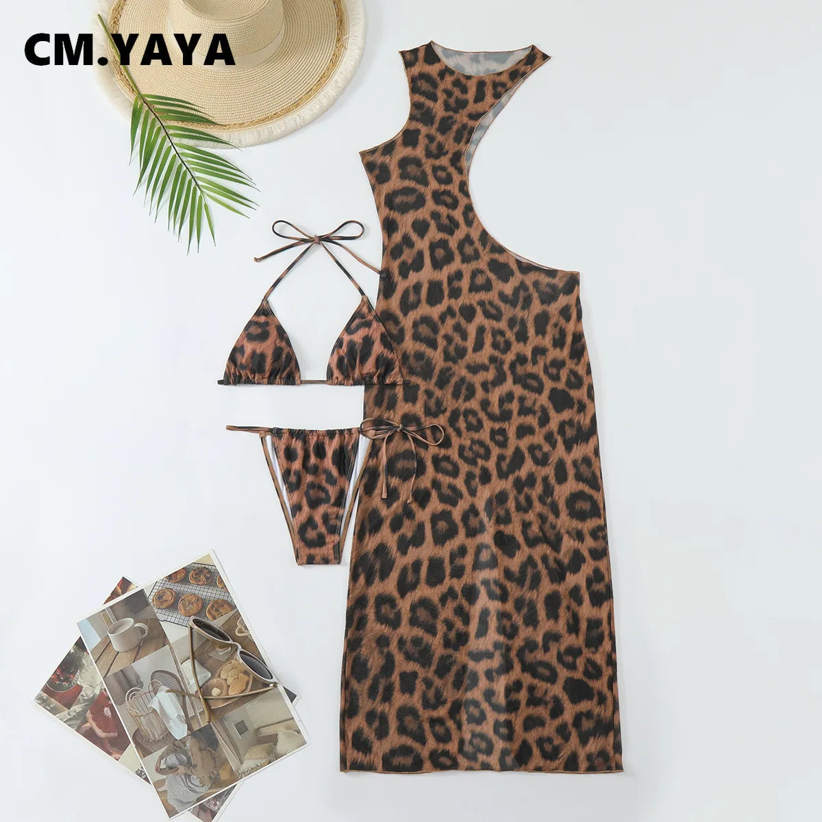 Women Beach Bikini Set with Cutout Leopard Printed Sexy Long Bodycon Swimsuit Three 2 Piece Set Swimwear Bathing Suit