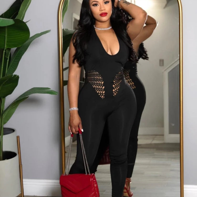 Sleeveless Sexy Mesh Lace Hollow Out Women’s Jumpsuits 2025 summer v-Neck Night Club Party Pajamas One Piece Outfits