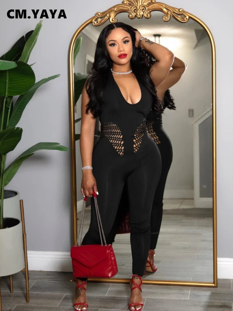Sleeveless Sexy Mesh Lace Hollow Out Women’s Jumpsuits 2025 summer v-Neck Night Club Party Pajamas One Piece Outfits