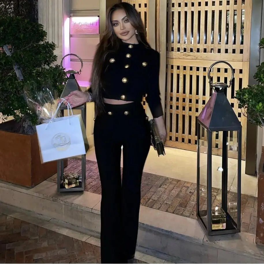 Bandage Expose Waist Woman Set Fashion Golden Buttons Short Coat Top And Flare Pants 2 Pieces High Street Wear
