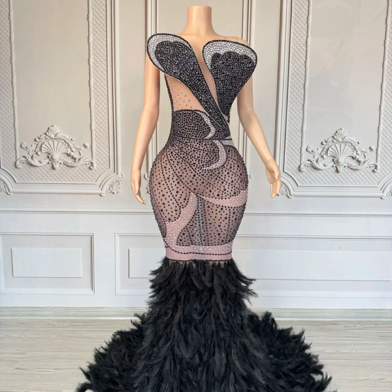 Luxury Women Feather Evening Dress Sparkly Sexy Prom Couture Rhinestone Birthday Party Ball Celebrate Photo Shoot Wear Mifeng