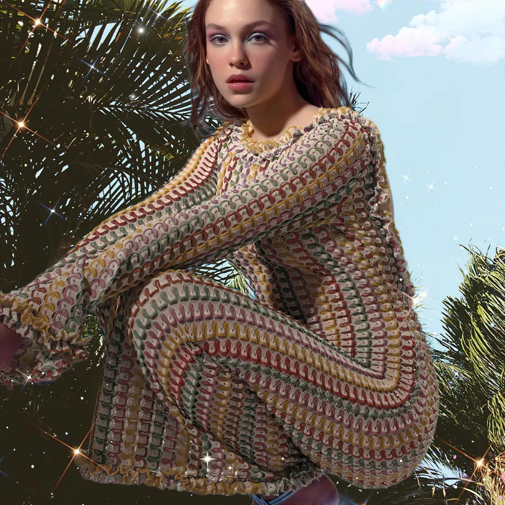 Backless Knitted Beach Dress Women Fashion Hollow Out Slim Boho Dress Summer Elegant Colorful Long Sleeve Bikini Cover Up 2024 brown