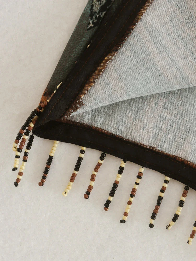 Summer New Vintage Geometric Print Mini Skirt Side Knotted Sarong Beaded Fringe Wrap Vestidos Casual Zip Short Skort Mujer