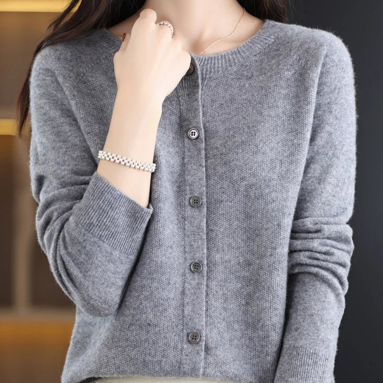 Aliselect Autumn Winter Women 100% Merino Wool Sweater O-Neck Tops Long Sleeve Basic Cashmere Knitwear Cardigan Clothing Coat Light Grey
