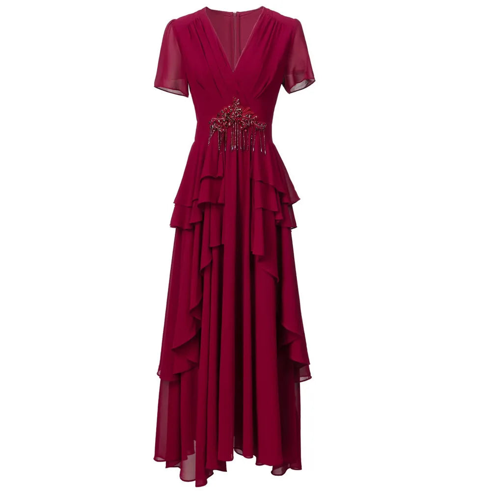 Solid Slimming Spliced Bead Dresses for Women V Neck Short Sleeves Patchwork Ruffles Folds Dress Female Clothes New RED