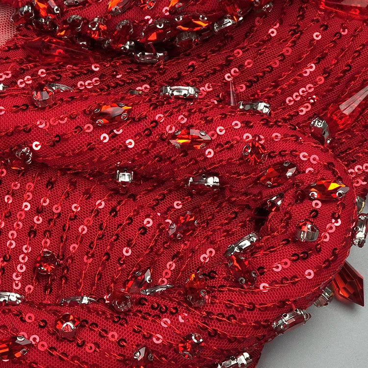 Red Diamonds Mermaid Dress Beaded Diagonal One-shoulder High Split Crystals Details Maxi Banquet Evening Party Gown