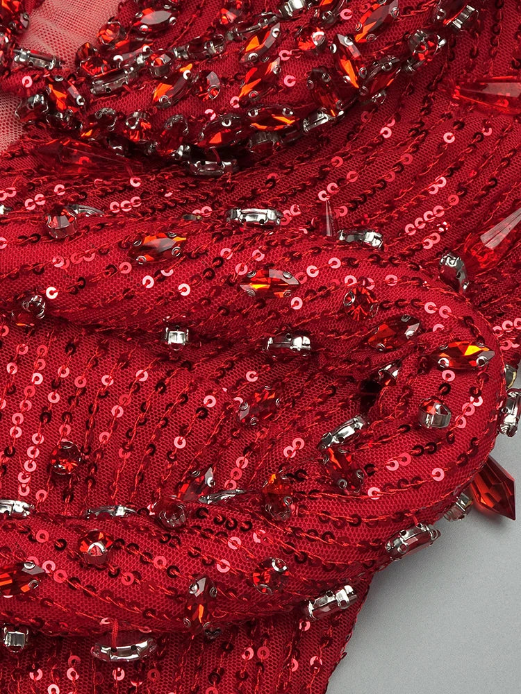 Red Diamonds Mermaid Dress Beaded Diagonal One-shoulder High Split Crystals Details Maxi Banquet Evening Party Gown