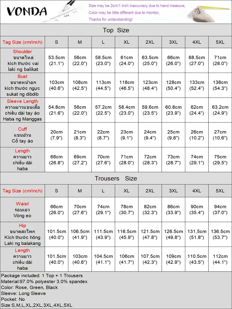 Plus Size 5XL VONDA Women Sets 2025 Autumn Casual Lapel Loose Two-Piece Suits Elegant Tops and Wide Leg Pants Matching Sets