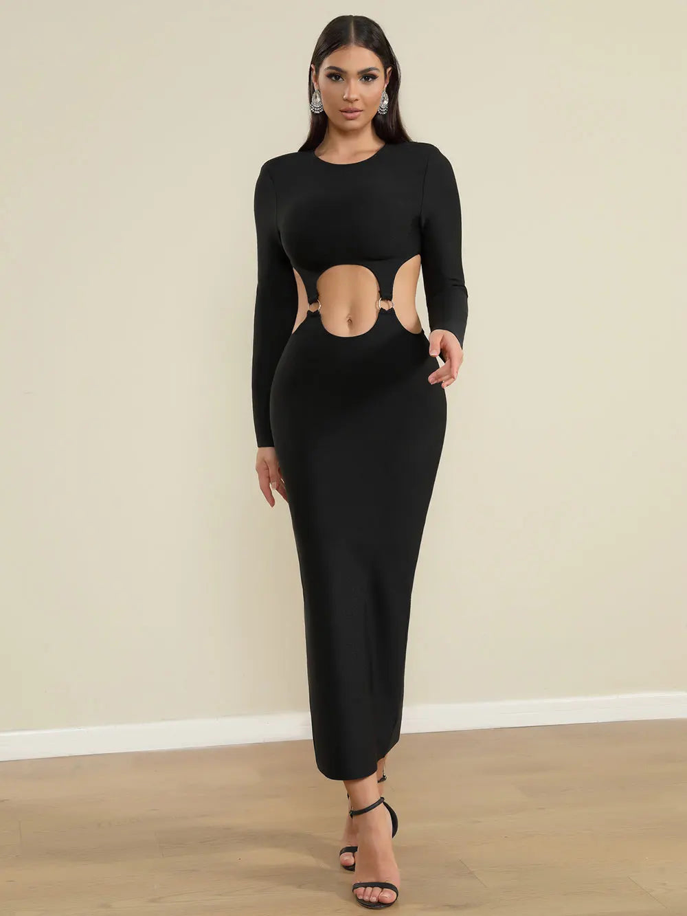 2025 Spring Women's Open Waist Design Black Bandage Dresses O-Neck Long Sleeve Bodycon Long Dress Evening Club Party Vestidos