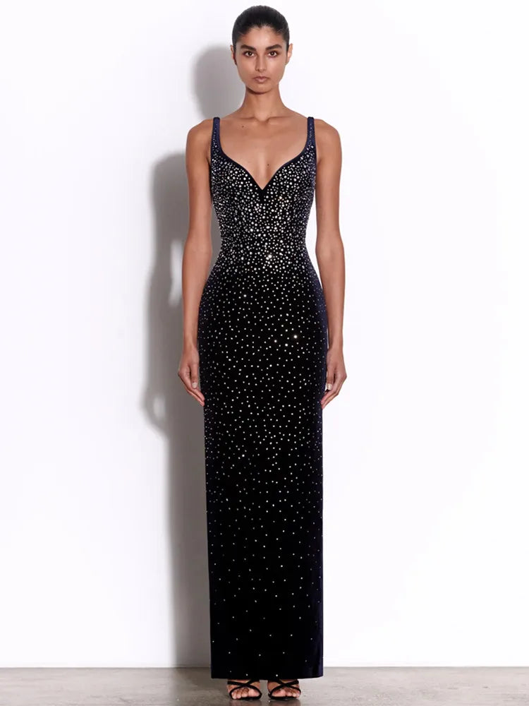 New Women Sexy V Neck Diamonds Beading Black Maxi Long Celebrity Bodycon Bandage Dress 2025 Elegant Evening Club Party Dress black