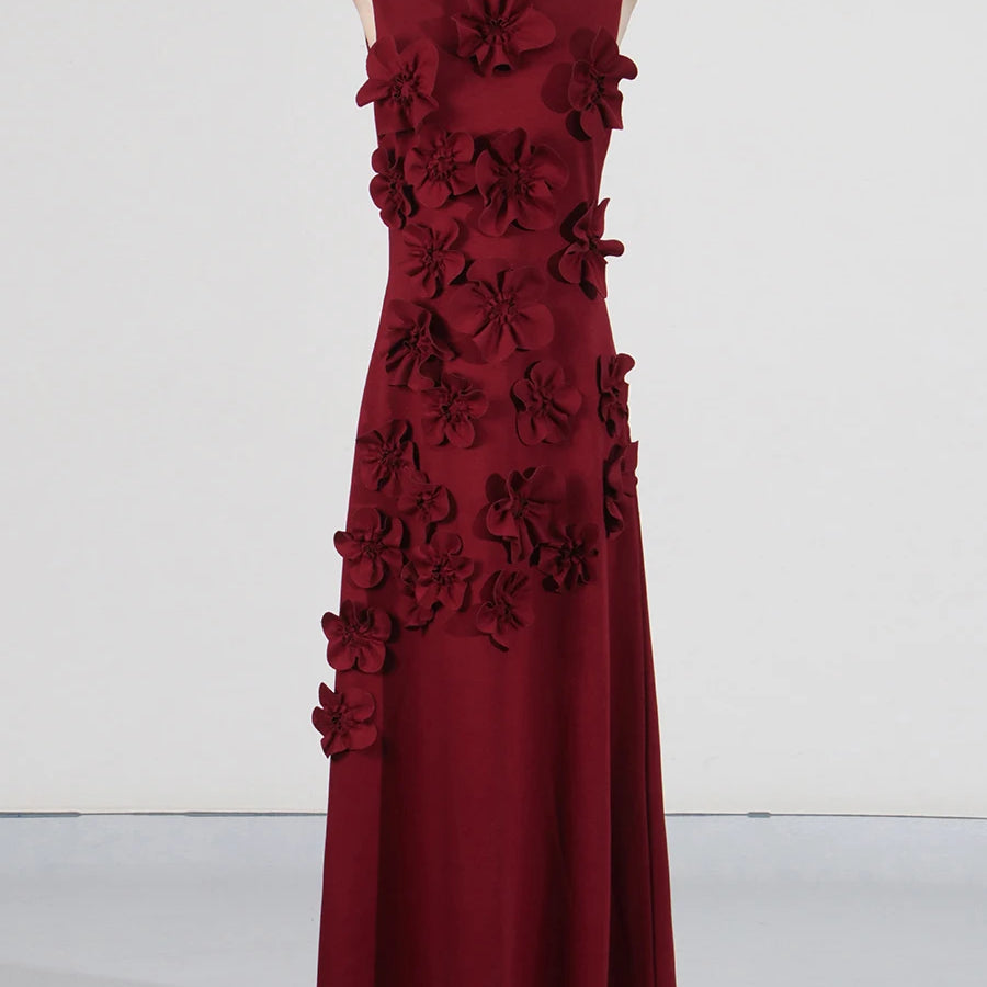 Patchwork Lace Up A Line Dress For Women Stand Collar Sleeveless High Waist Spliced Appliques Slim Dresses Female burgundy