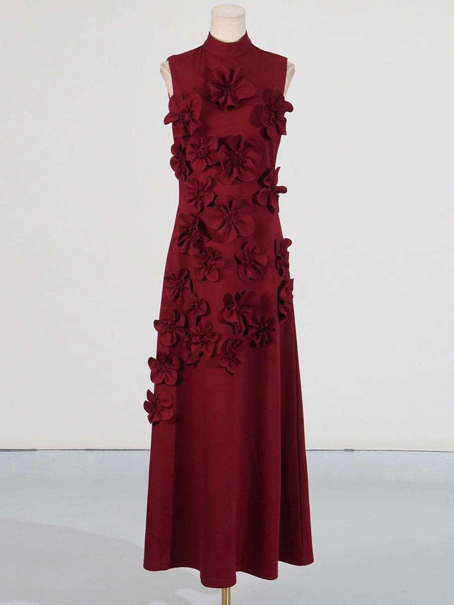 Patchwork Lace Up A Line Dress For Women Stand Collar Sleeveless High Waist Spliced Appliques Slim Dresses Female burgundy