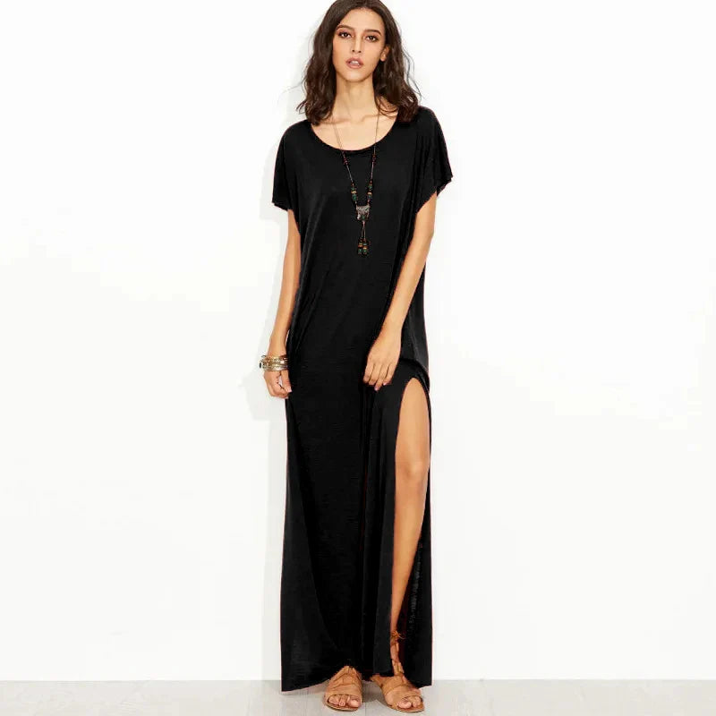 Summark Maxi T Shirt Dress Women Summer Beach Casual Work Sexy Boho Elegant Vintage Bodycon Wrap Black Long Dresses Plus Size black