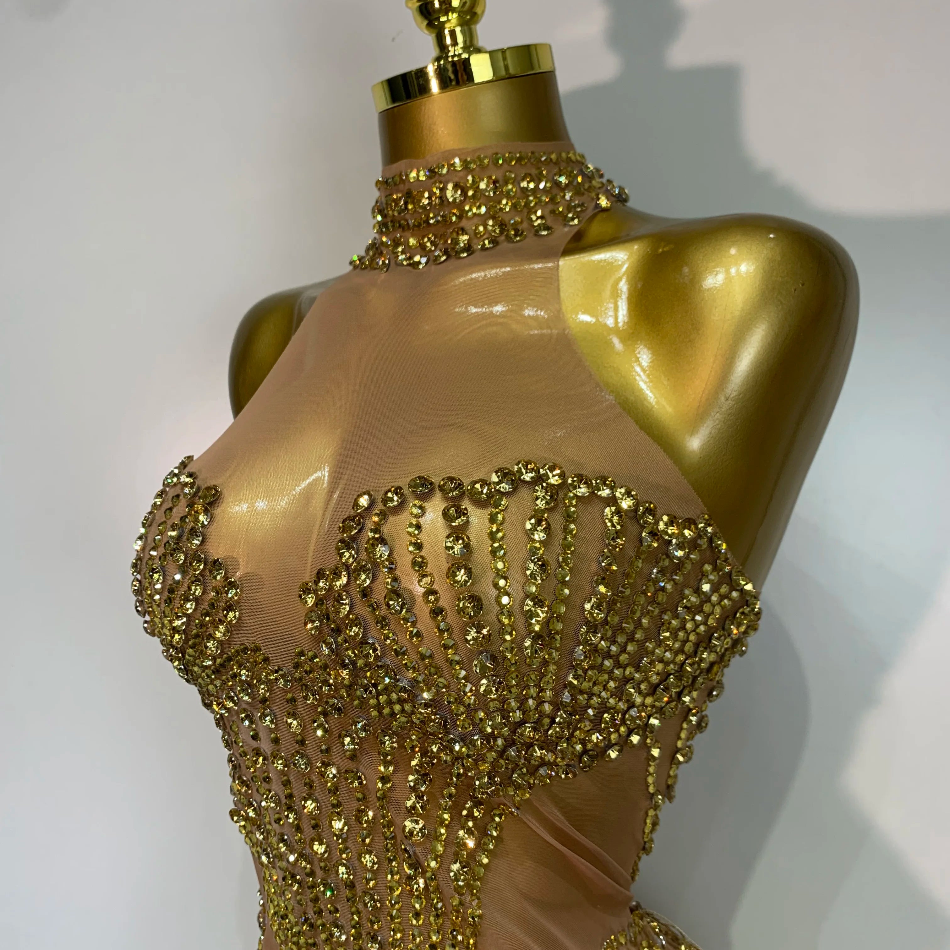 Women Sparkly Rhinestones Pearls Tassel Sexy Mesh See Through Dress Latin Dance Outfits Bar Nightclub Party Stage Costume