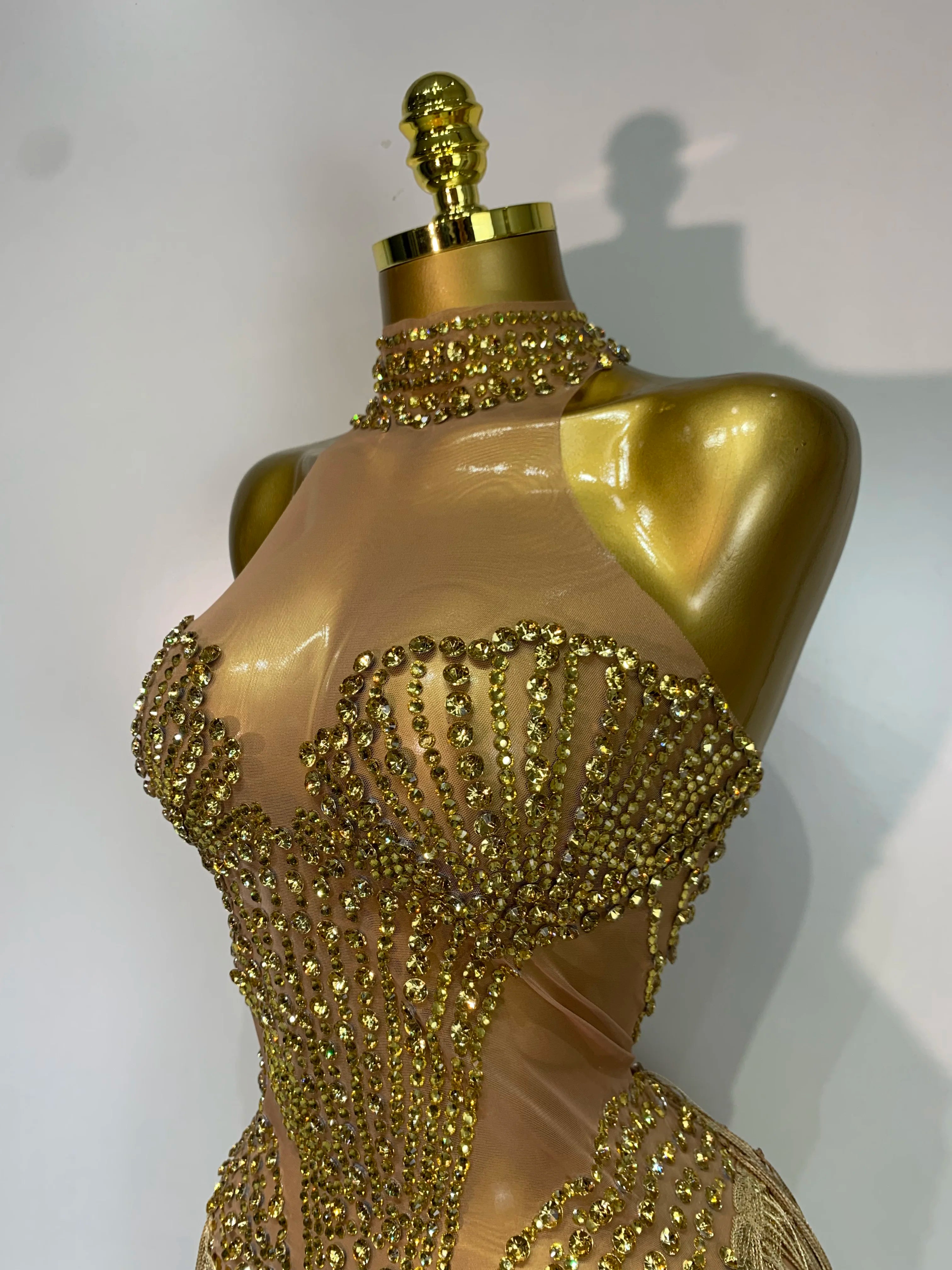 Women Sparkly Rhinestones Pearls Tassel Sexy Mesh See Through Dress Latin Dance Outfits Bar Nightclub Party Stage Costume