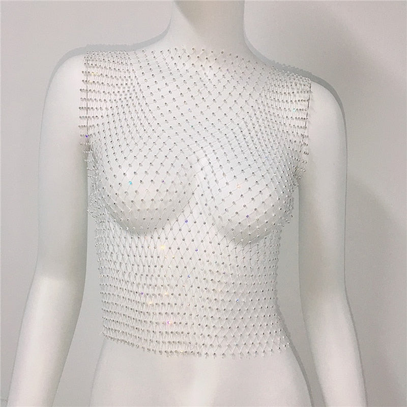 Women's Fishnet Rhinestone Crop Top 2024 Summer Sexy Mesh High Elastic Black White Shirt Net See Through Rave Diamond Tank Top White