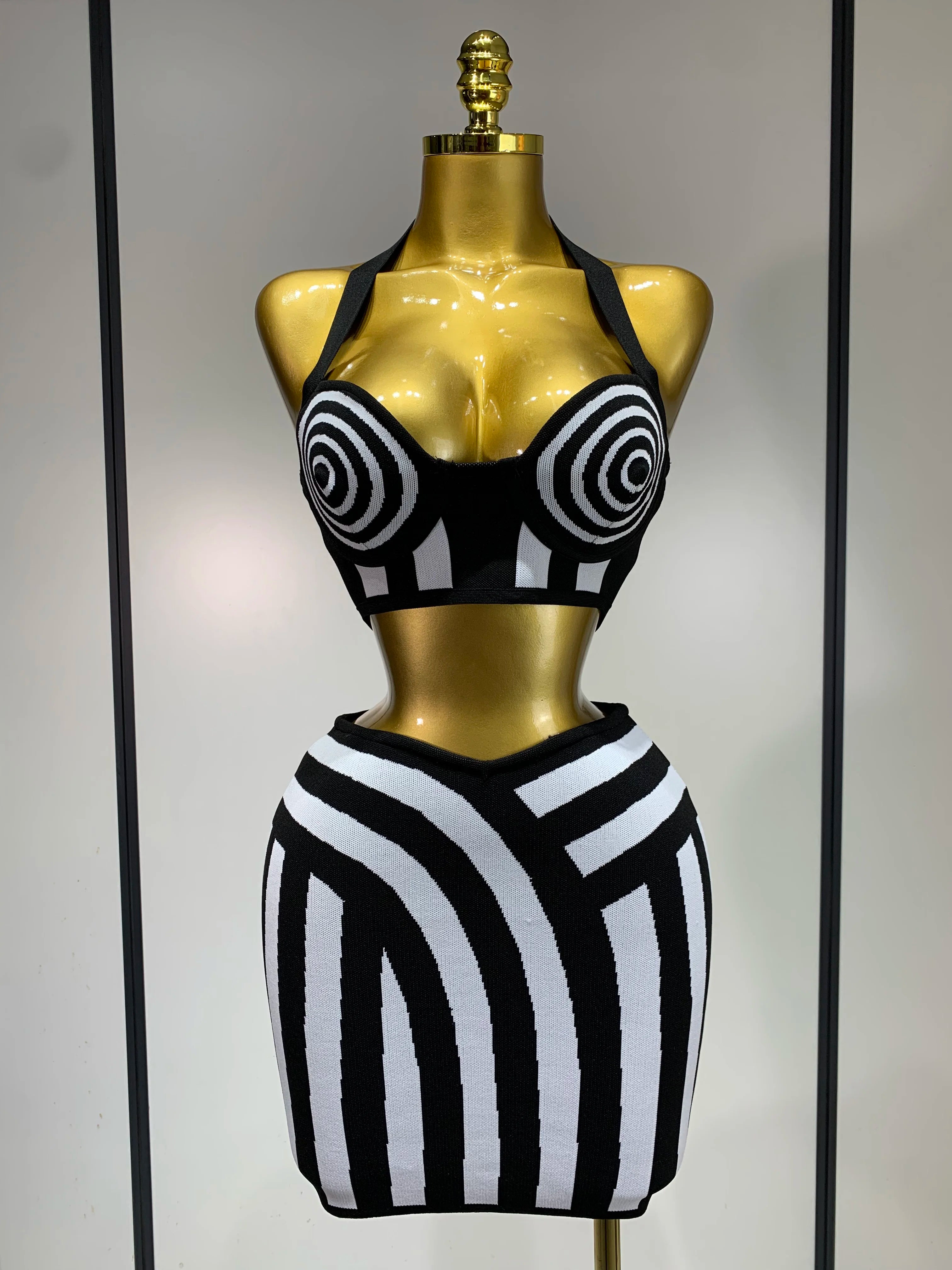 Women Sexy Backless Halter Striped Bandage Skirt Two Piece Set 2025 Knitted Celebrity Elegant Evening Birthday Party Dresses black