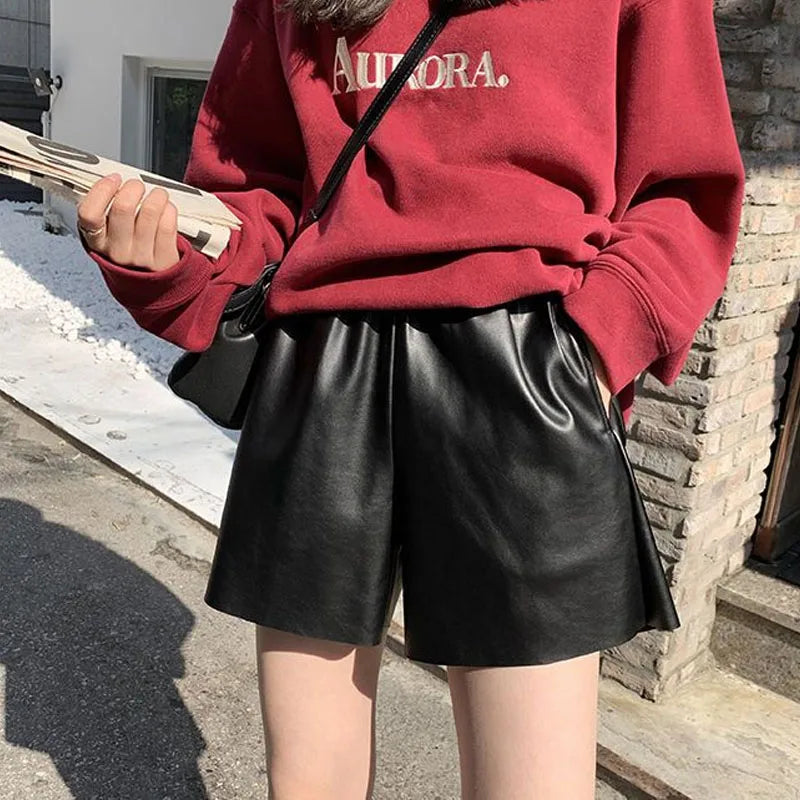 2023 Autumn Winter Korean Solid Color Leather Shorts Trend Women's Clothing All-match Casual Elastic High Waist Pants For Female