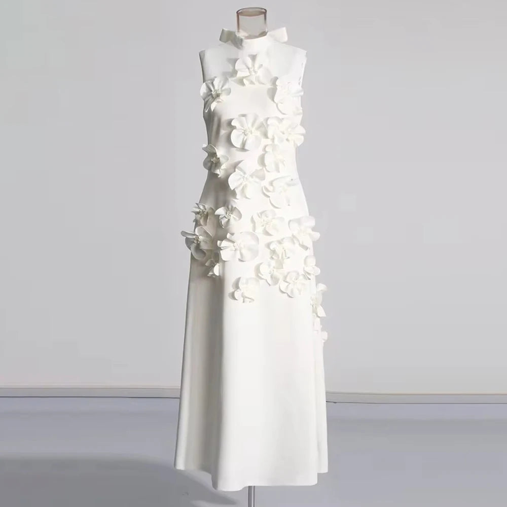 Solid Spliced Lace Up Dress For Women Stand Collar Sleeveless High Waist Patchwork Applique Maxi Dresses Female WHITE