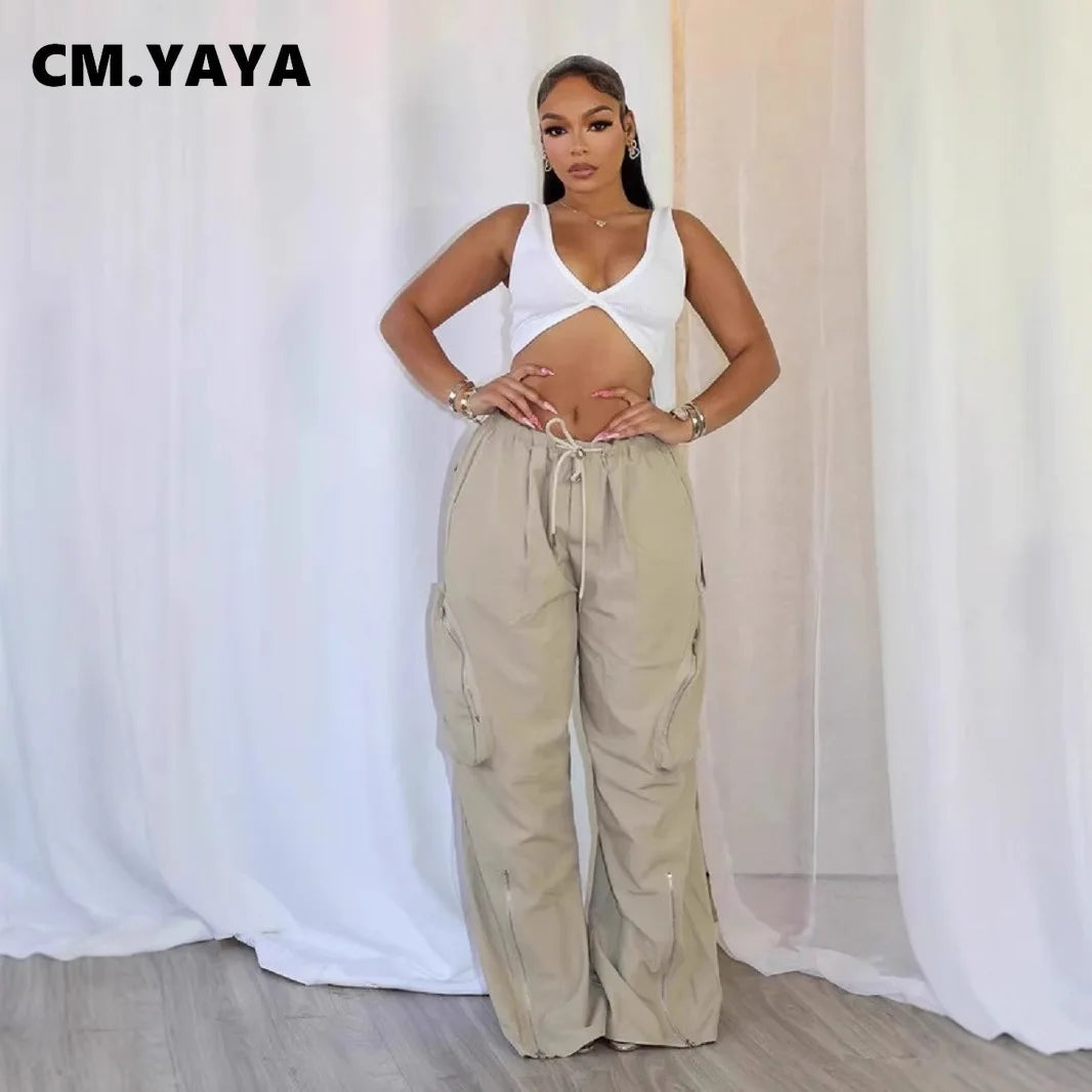 Women Fashion Zipper Pocket Side Zip Fly Split Hem Wide Leg Safari Style Pants 2025 Drawstring Summer Cargo Trousers