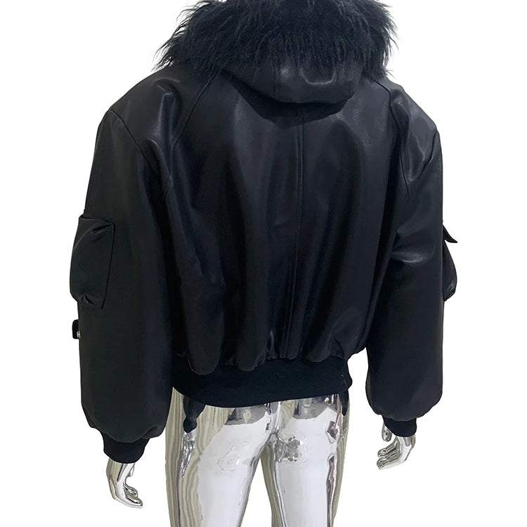Mauroicardi Autumn Winter Short Oversized Black Warm Pu Leather Jacket Men with Faux Fur Trim Hood Loose Casual Korean Fashion Black