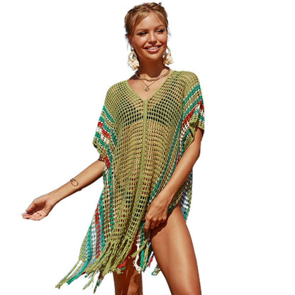 水着カバー ビーチ カバーアップ かぎ針編み 虹色 ニット ビーチウェア ロング パレオ セクシー ビーチ ドレス