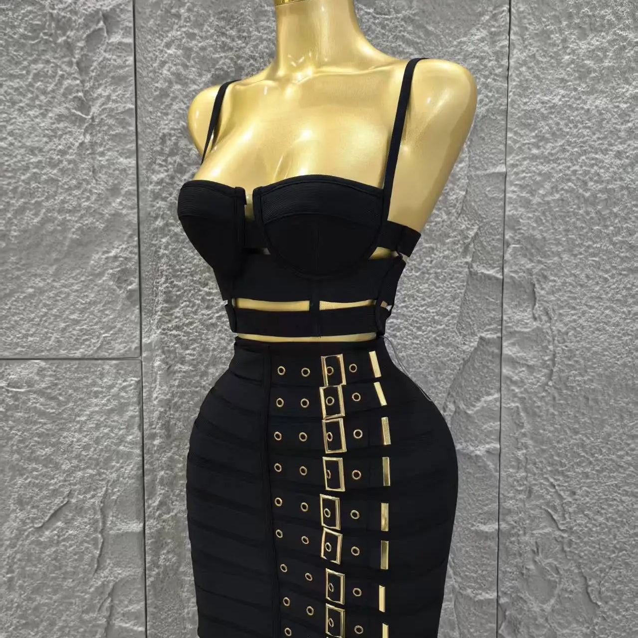 Black Color Women Sleeveless Sexy Strap 2 Pieces Bodycon Mini Bandage Dress Nightclub Party Birthday Fashion Outfit Vestido