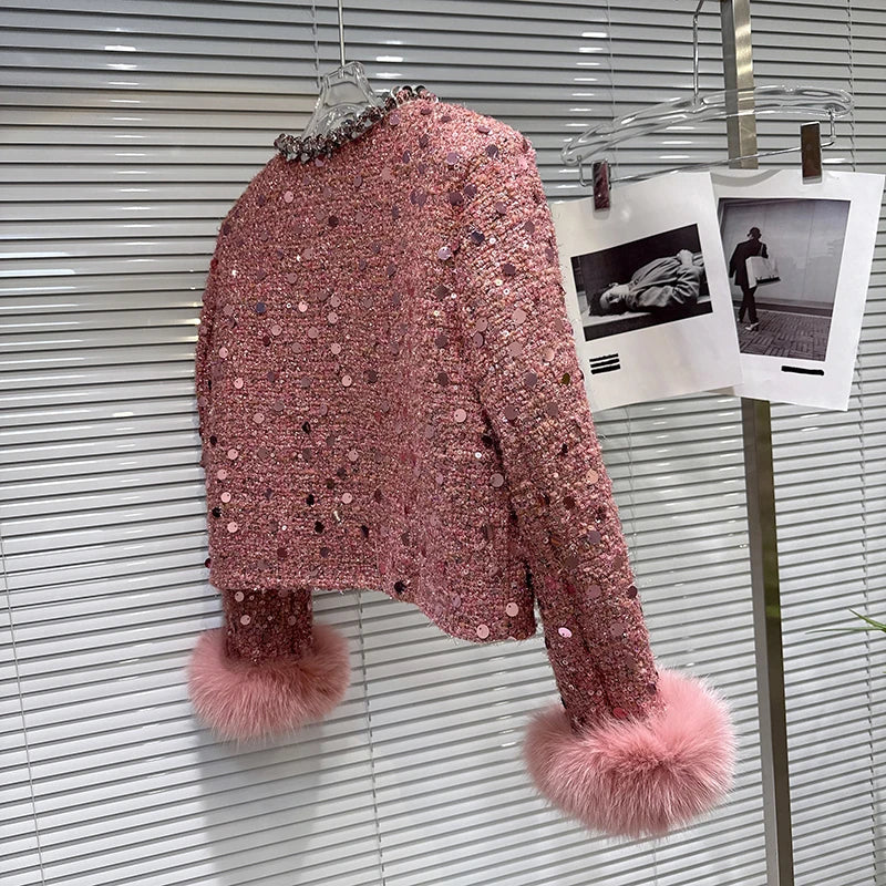 Winter New Fashion Fox Fur Sleeve Sequin Tweed Cotton Short Coat For Women Covered Button Jacket Female 11A07857