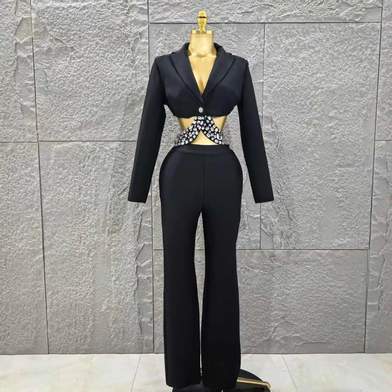 Black White Women Long Sleeve Sexy V-Neck Shinning Crystal 2 Pieces Bodycon Bandage Set Celebrate Evening Party Women's Set black