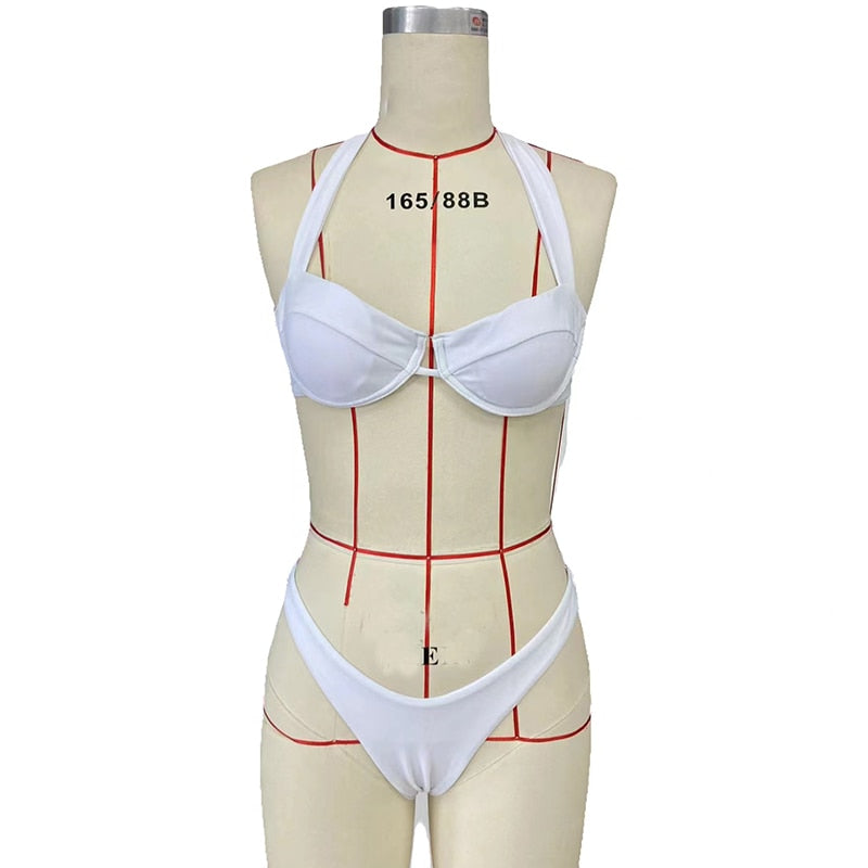 Swimsuit Sexy Bikini Two Piece Lace Up Square Neck High Waist Soid Holida Bathing Suit Beachwear For Female