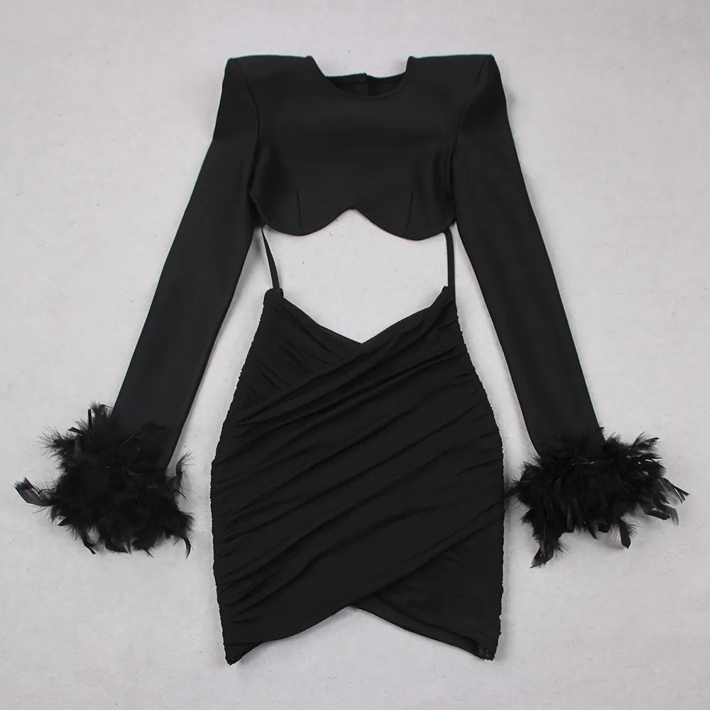 Summer Women'S Sky Blue White Sexy Two-Piece Skirt Feather Pleated Top Pencil Skirt Celebrity Party Bandage Set