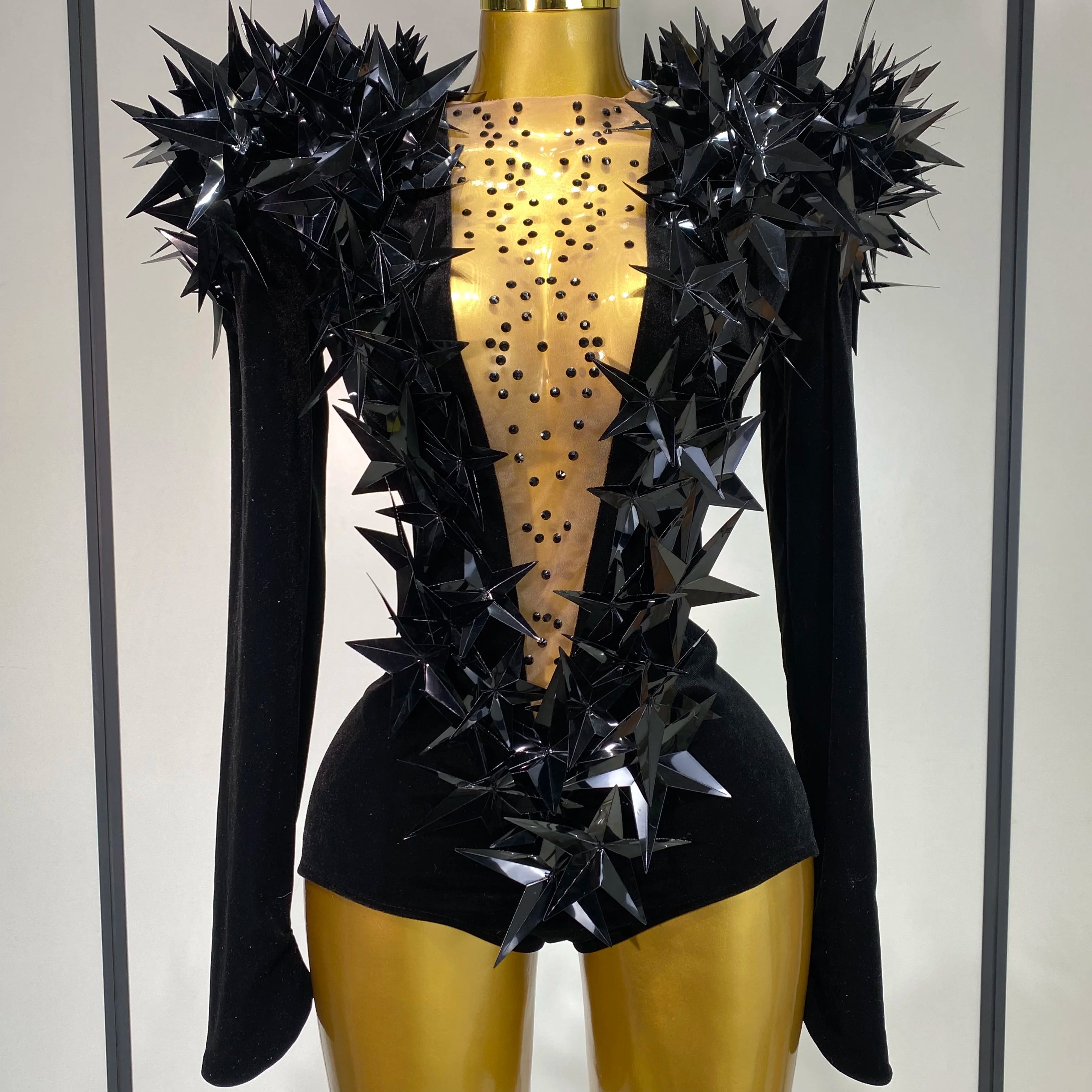 Women Sparkly Gold Rhinestone Black Velvet Long Sleeve Bodysuit Evening Party Club Gala Hosts Night Club Bar Stage Costumes black