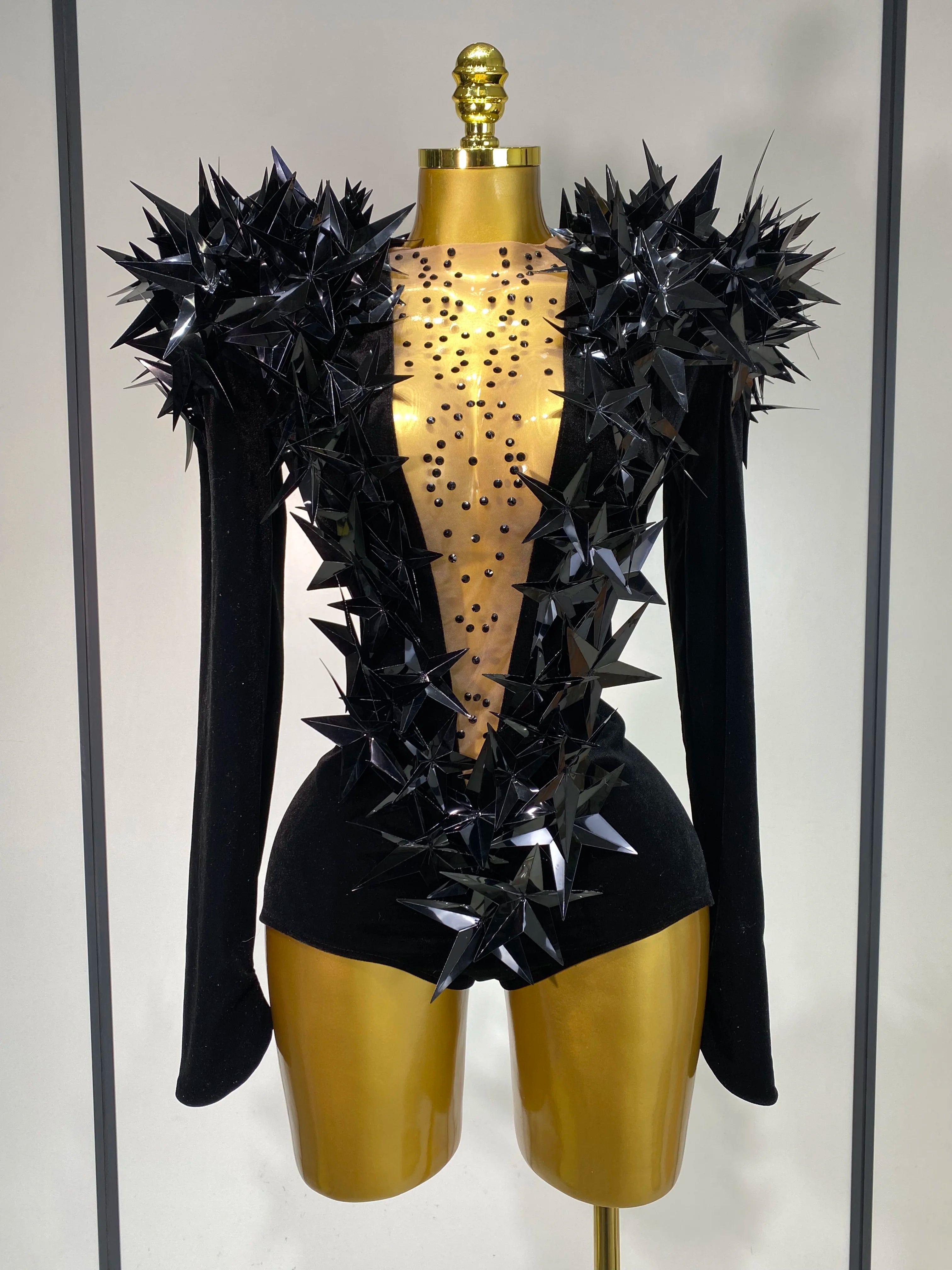 Women Sparkly Gold Rhinestone Black Velvet Long Sleeve Bodysuit Evening Party Club Gala Hosts Night Club Bar Stage Costumes black