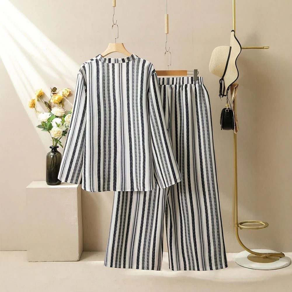 Plus Size Rafiah Women's Sets Summer Simple Basics Stripes Short Sleeve V-Neck Natural Waist Ankle Wide Leg Casual Sets