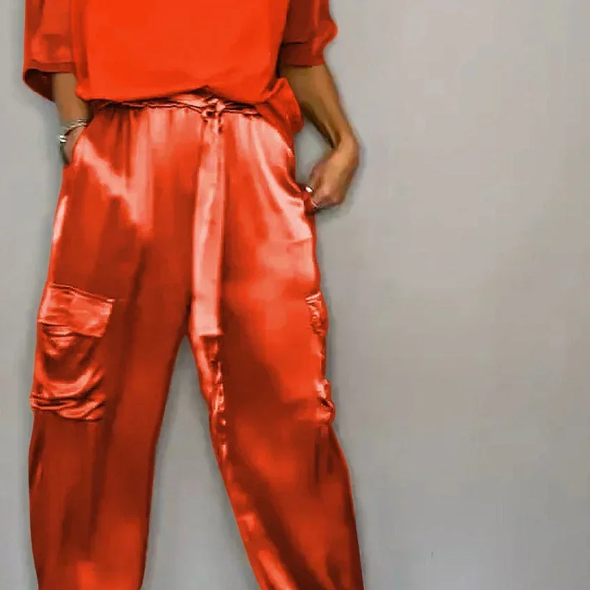 Summer Fashion Solid Satin Two Piece Set Women Round Neck Long Sleeved Top Long Pants Casual Loose Two Piece Set Women Red